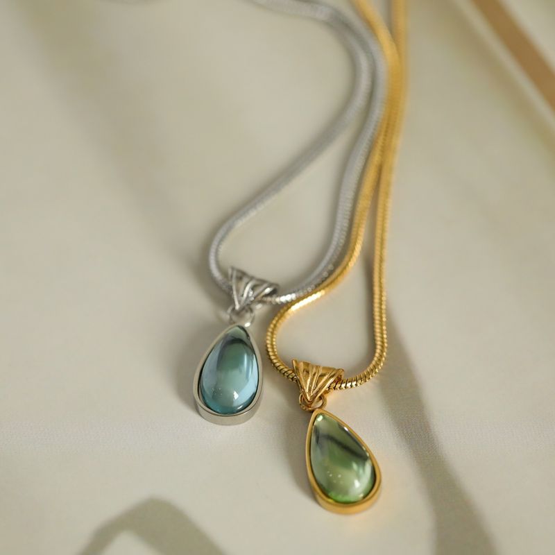 Elegant Water Drop Blue Ocean Necklace, French-inspired Snake Bone Choker, Titanium Steel With 18K Gold Plating, Minimalist Layered Pendant Necklace_voghion.com