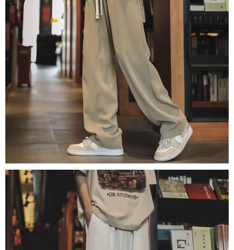 2024 New Khaki Ice Silk Spring And Autumn Suit Loose Straight Leg Casual Pants, Men's Style_voghion.com