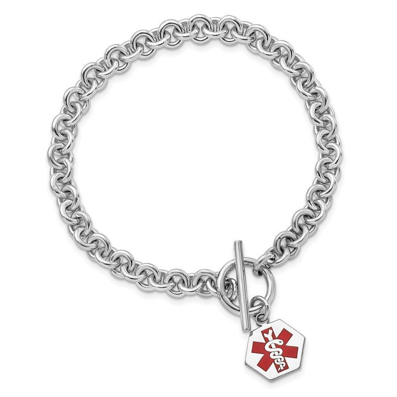 Sterling Silver Rhodium Engraveable Enamel Hexagon Medical ID Bracelet_voghion.com