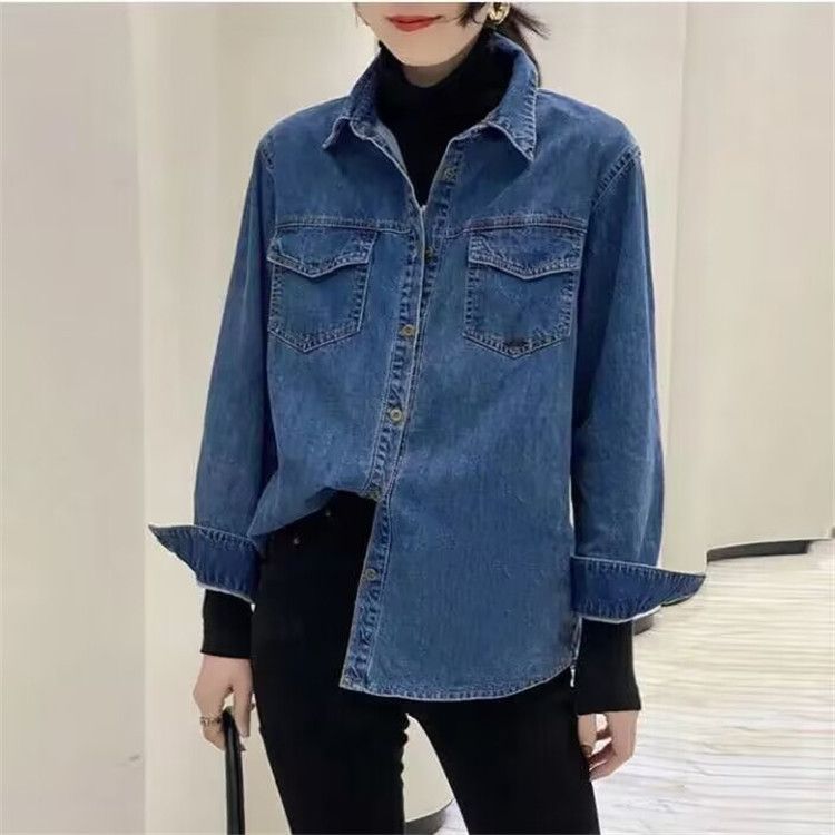 Vintage Jeanshemd im Hong Kong-Stil für Damen – Retro-blaues Oversized-Button-Down-Shirt mit klassischem Kragen, Freizeit- und Bürokleidung_voghion.com