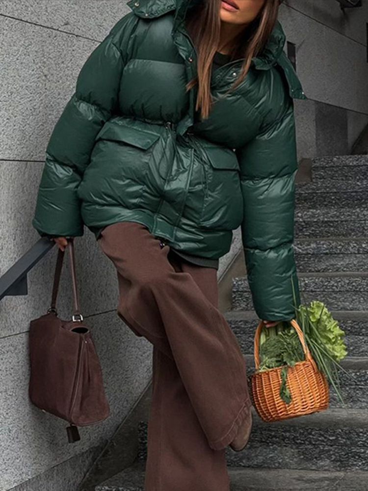 Kurze Pufferjacke mit Kapuze für Herren und Damen – Leichter Steppmantel mit Reißverschluss, Oversize-Passform, warmes Polyester-Obermaterial (Dunkelgrün, Kastanienbraun, Braun)_voghion.com