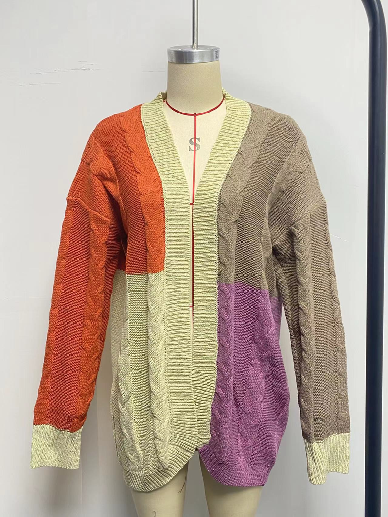 Women's Clothing Contrast Color Shawl Autumn and Winter New Color Matching Knitted Cardigan Sweater Outer_voghion.com
