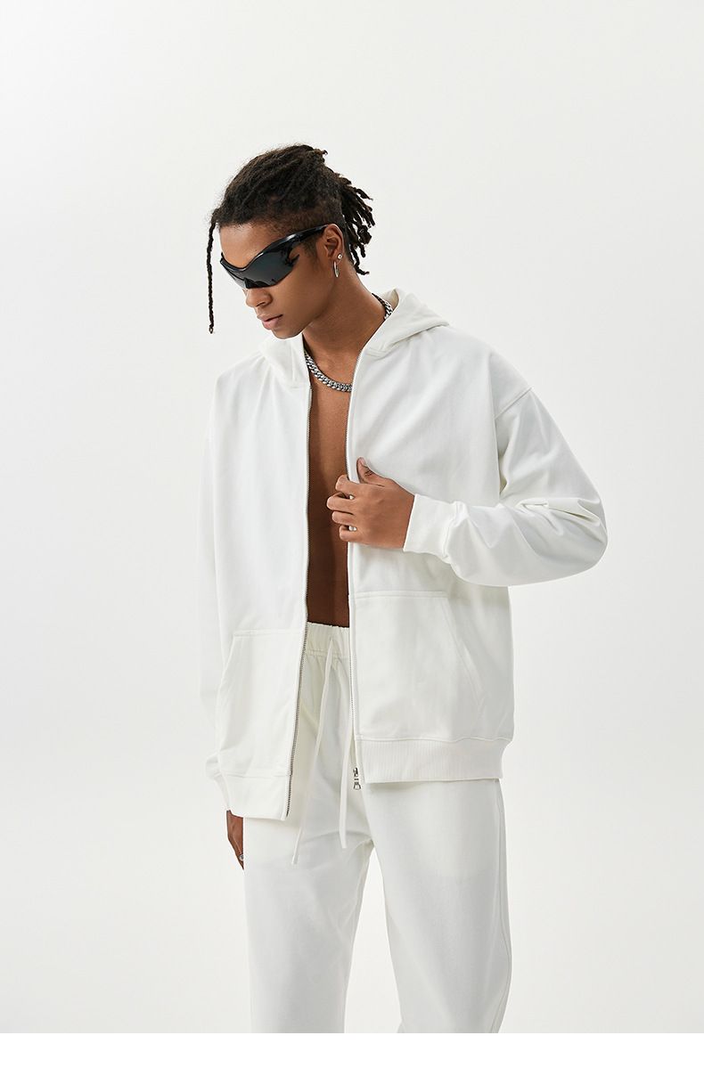 Women's Clothing Solid Color Zipper Sweatshirt Oversized Zip-Up Hoodie & Jogger Set - Premium Cotton French Terry Pullover With Drop Shoulder Design_voghion.com