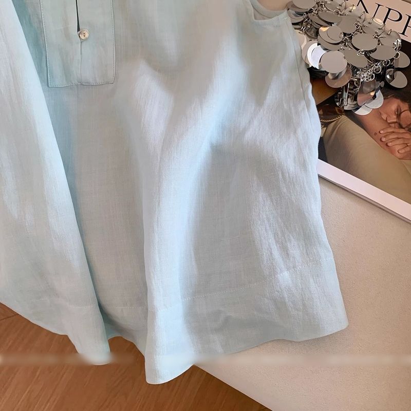 Camicia senza maniche con colletto rovesciato azzurro chiaro da donna, stile coreano, semplice, ampia e snellente, estate 2025_voghion.com