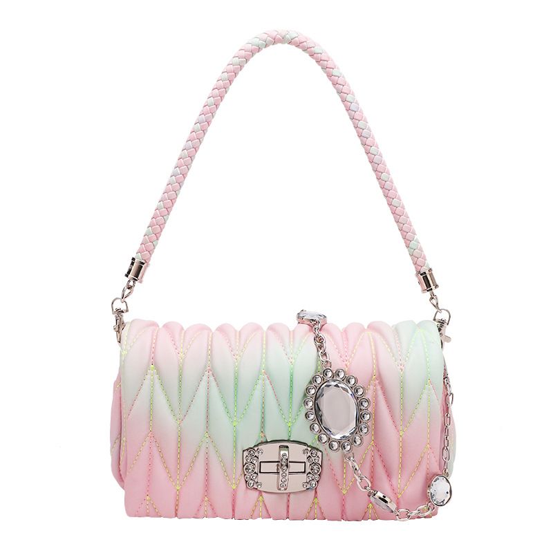 Dames regenboogkleurige gewatteerde geborduurde leren handtas met strass-ketting, kleine glinsterende schoudertas onder de arm_voghion.com