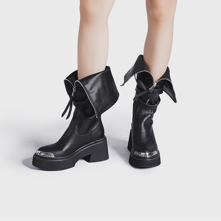 Stivali alla moda con testa in metallo a punta Stivali alti da donna, nuovi stivali da cavaliere con cerniera anteriore e piattaforma, primavera_voghion.com