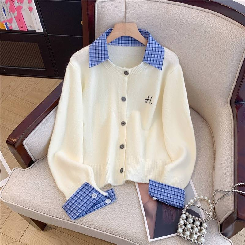 Damenbekleidung Dreizehn Linien Zweiteiliger Polokragen Nähte Langärmliger Strickpullover Damen Lockerer Kurzer Cardigan Trend_voghion.com