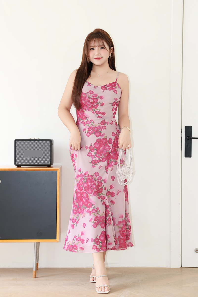 Vestido de mujer Rouge con estampado floral, corte al bies, cola de pez, cruzado en la cadera, talla grande, con tirantes y estampado francés_voghion.com