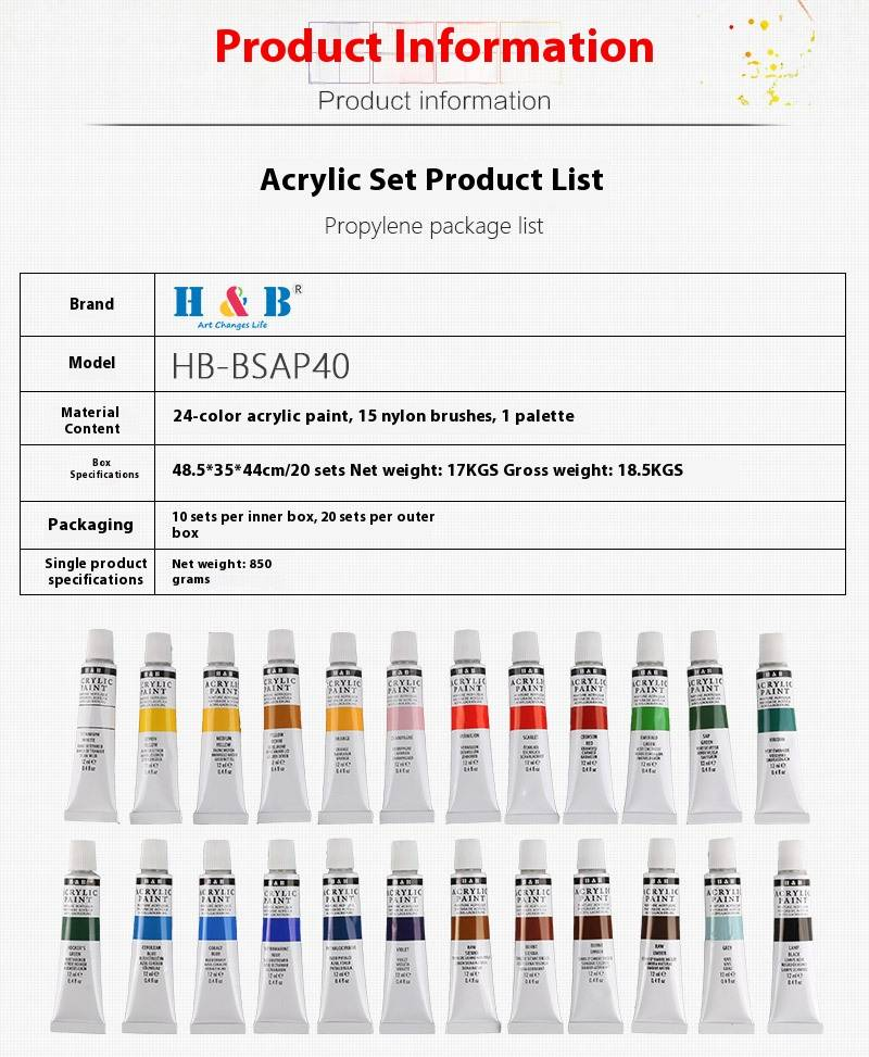 H&B 40-delige acrylverfkwastenset met palet - Professionele schilderset voor canvas, wandkunst en doe-het-zelfprojecten (nylon etui, 20x30x4,5 cm)_voghion.com