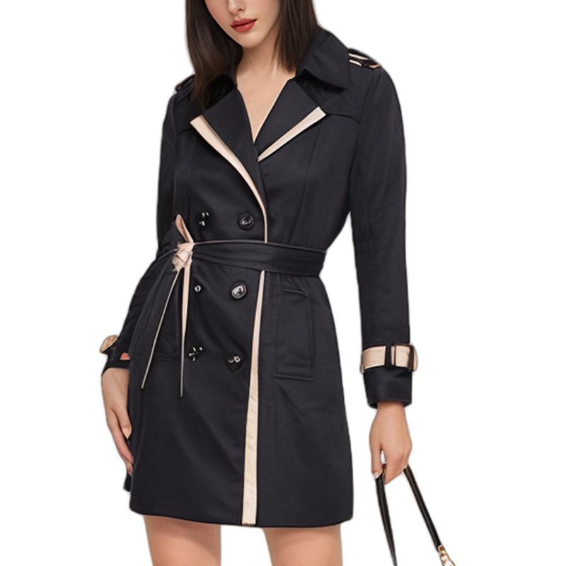 Elegante trench da donna con design doppiopetto e spalline - Cappotto slim fit di media lunghezza per primavera e autunno (cachi, nero)_voghion.com