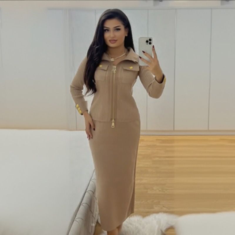 Completo da donna con cardigan e gonna in maglia con colletto polo – Elegante completo in due pezzi con fibbia in metallo, taglia unica)_voghion.com