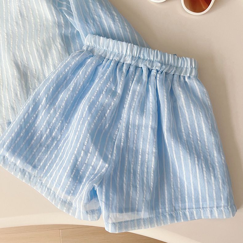 Abbigliamento per bambini, completo estivo da bambina, stile nuovo, alla moda, a righe verticali, a maniche lunghe, con protezione solare, pantaloncini, completo da tre pezzi_voghion.com
