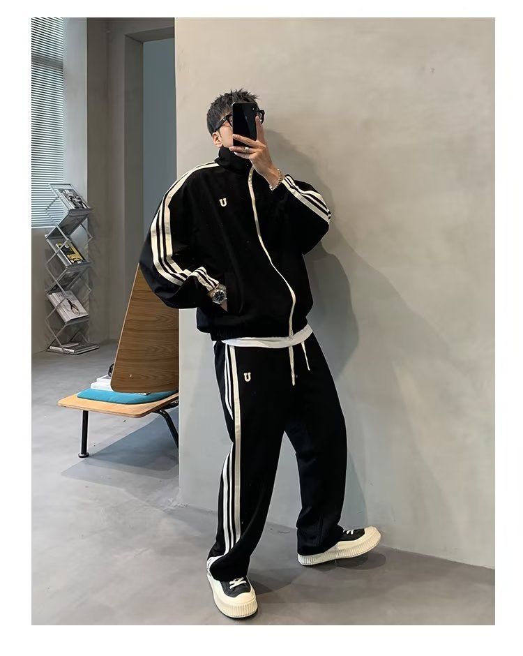 Herren-Set aus Kapuzenpullover und Jogginghose im Hong Kong-Stil mit überschnittenen Schultern – Übergroße Streetwear-Loungewear (Schwarz/Marineblau/Braun, M-3XL)_voghion.com