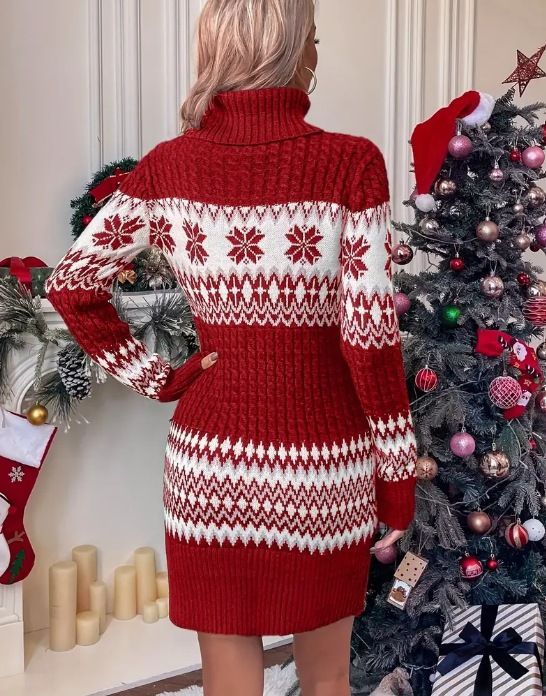 Strickpulloverkleid mit hohem Kragen für Damen – Rot-weißer Colorblock-Pullover (S-XXL, Langarm, Weihnachts- und Winterstil)_voghion.com