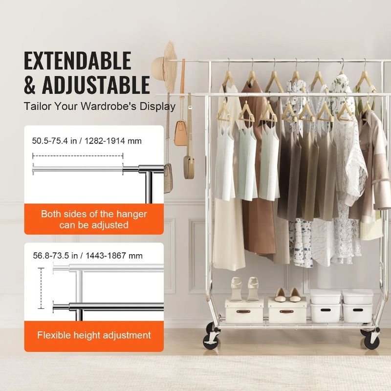 Hanging Clothes Extendable Hanging Rack C Garment Height Clothes For Length And Rack Clothing Rod Adjustable Duty Heavy Double_voghion.com