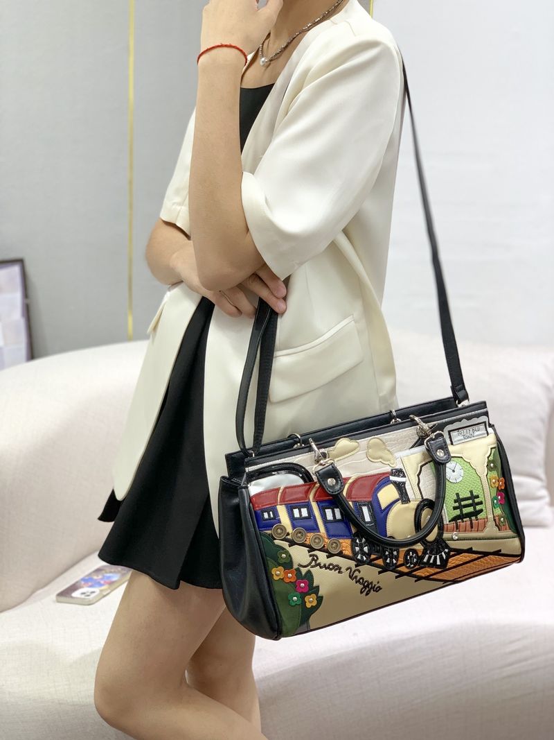 Damentaschen Nähte Kontrastierende Retro-Handtaschen Modische handgemachte kreative Schulter-Umhängetaschen_voghion.com
