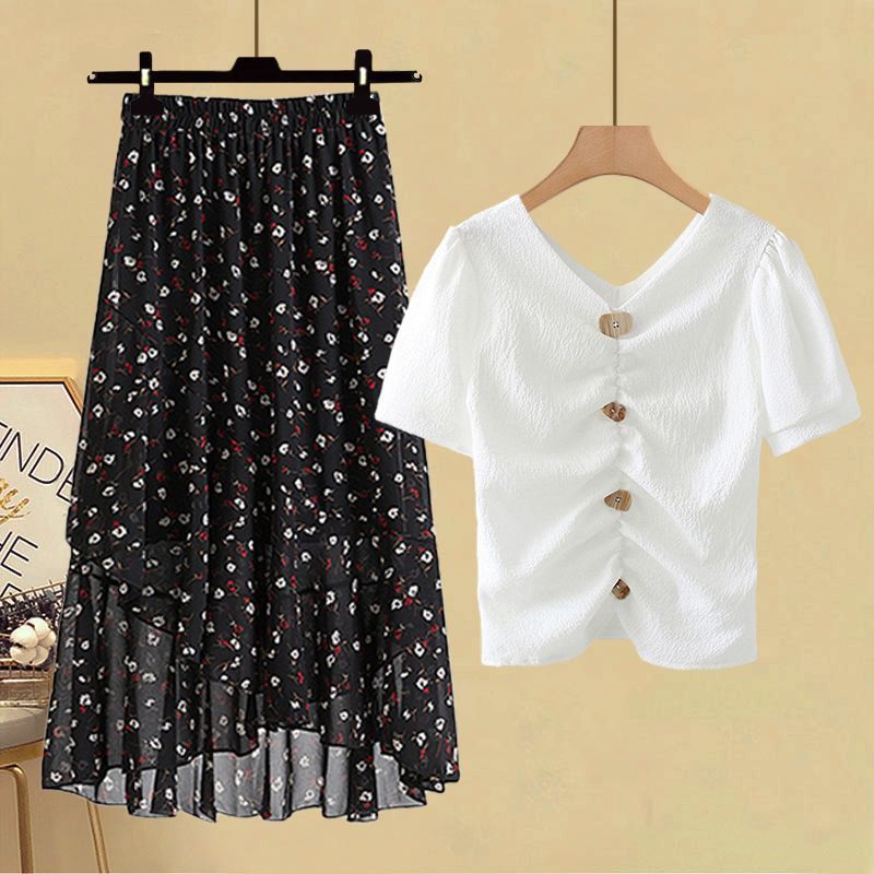 Vêtements pour femmes, costume d'été pour grosses filles, t-shirt en mousseline de soie, jupe taille haute, costume deux pièces_voghion.com