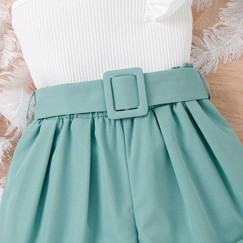 New Summer Girls' Set, Small Medium Children's Diagonal Shoulder Suspender with Flying Sleeves Top+Shorts and Hat Three_voghion.com