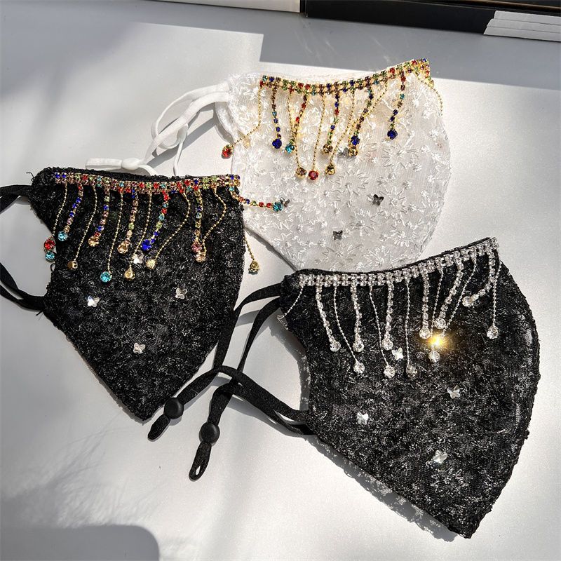 Lace Summer Mask Personalized Tassel Butterfly Diamond Decorative Mask Washable Breathable Mesh Veil_voghion.com
