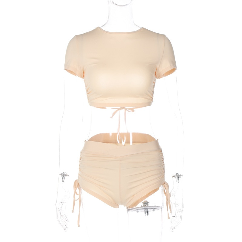 008 Short Sleeve Solid Color Drawstring Shorts Two Piece Sets Womens Summer Outifits_voghion.com