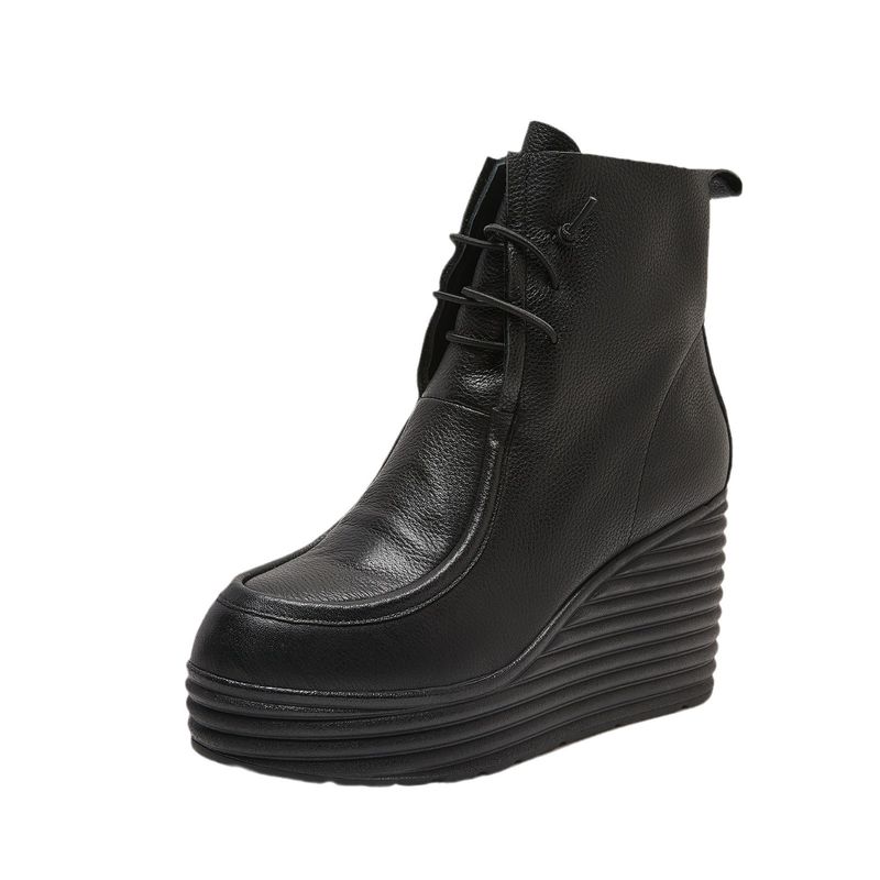 Trendy Brand Dark Soft Cowhide Women's Slip-On Short Thick-Soled Martin Genuine Leather Fashion Fleece-Lined Work Boots_voghion.com