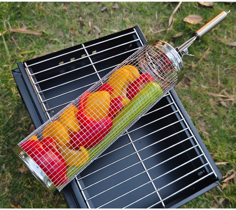 BBQ Stainless Steel Rolling Grill Cylinder Grill Net Smoked Barbecue Round Grill Grill Basket_voghion.com