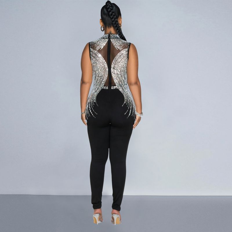 Vêtements pour femmes mode femmes couleur unie maille presse perceuse sans manches pantalon combinaison_voghion.com