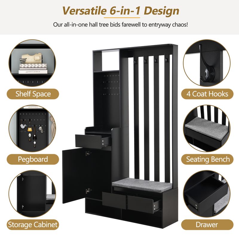 ON-TREND Contemporary 39.3''Wx70.8''H Hall Tree Storage With Cushioned Storage Bench, Multifunctional Hallway Shoe Cabinet With Pegboard, Modern Coat Rack With 4 Hooks For Entryway, Mudroom, Black_voghion.com