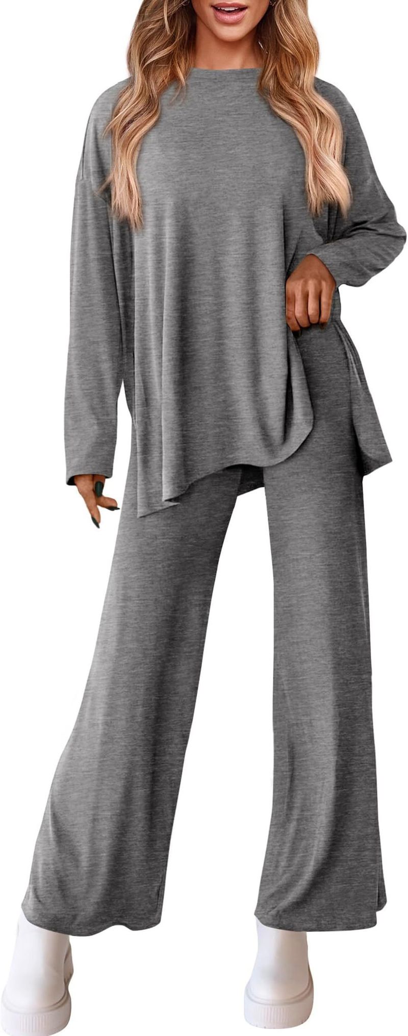 Women's Casual Lounge Set With Split Hem Pants & Long Sleeve Top – Soft Polyester Spandex Comfort Outfit In 12 Colors_voghion.com