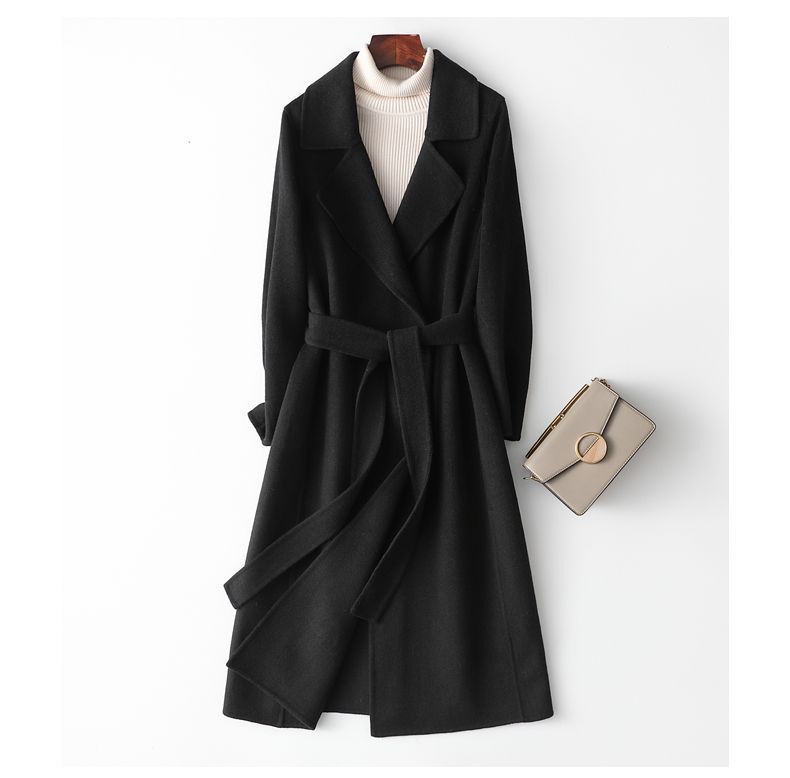 Abrigo de mezcla de lana ajustado para mujer: gabardina de invierno de largo medio con detalle de cordones (negro, blanco, rojo y verde)_voghion.com