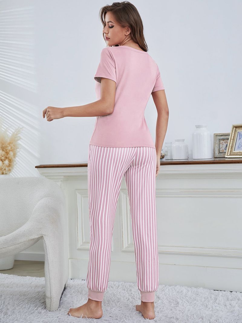 Vêtements de nuit pour femmes vêtements de maison en soie de lait à manches courtes leggings à rayures blanches pantalons lettre imprimée T-shirt pull pyjama pour femmes_voghion.com