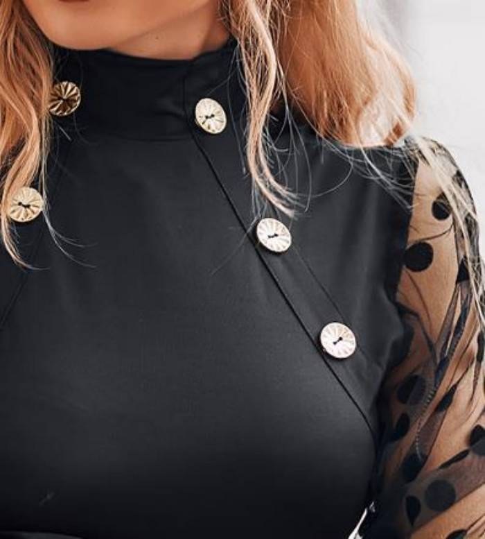Women's Clothing new slim high collar perspective mesh flocking long sleeved T shirt tight top for women_voghion.com