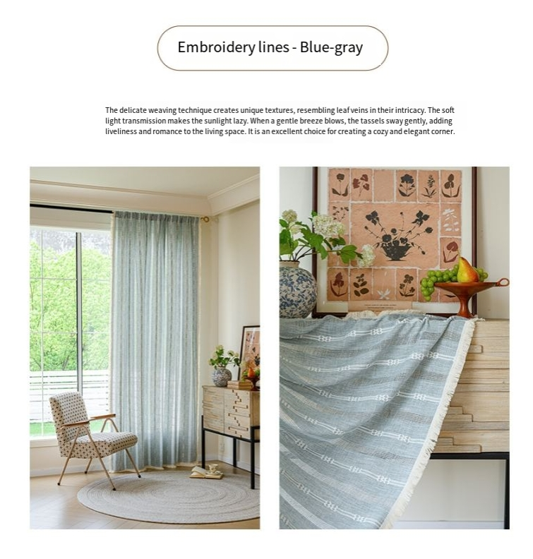 Cortinas de mistura de linho japonês - Painel de janela semitransparente com listras bordadas para cozinha/quarto, vários tamanhos e cores, bolso para haste/ganchos/ilhós_voghion.com