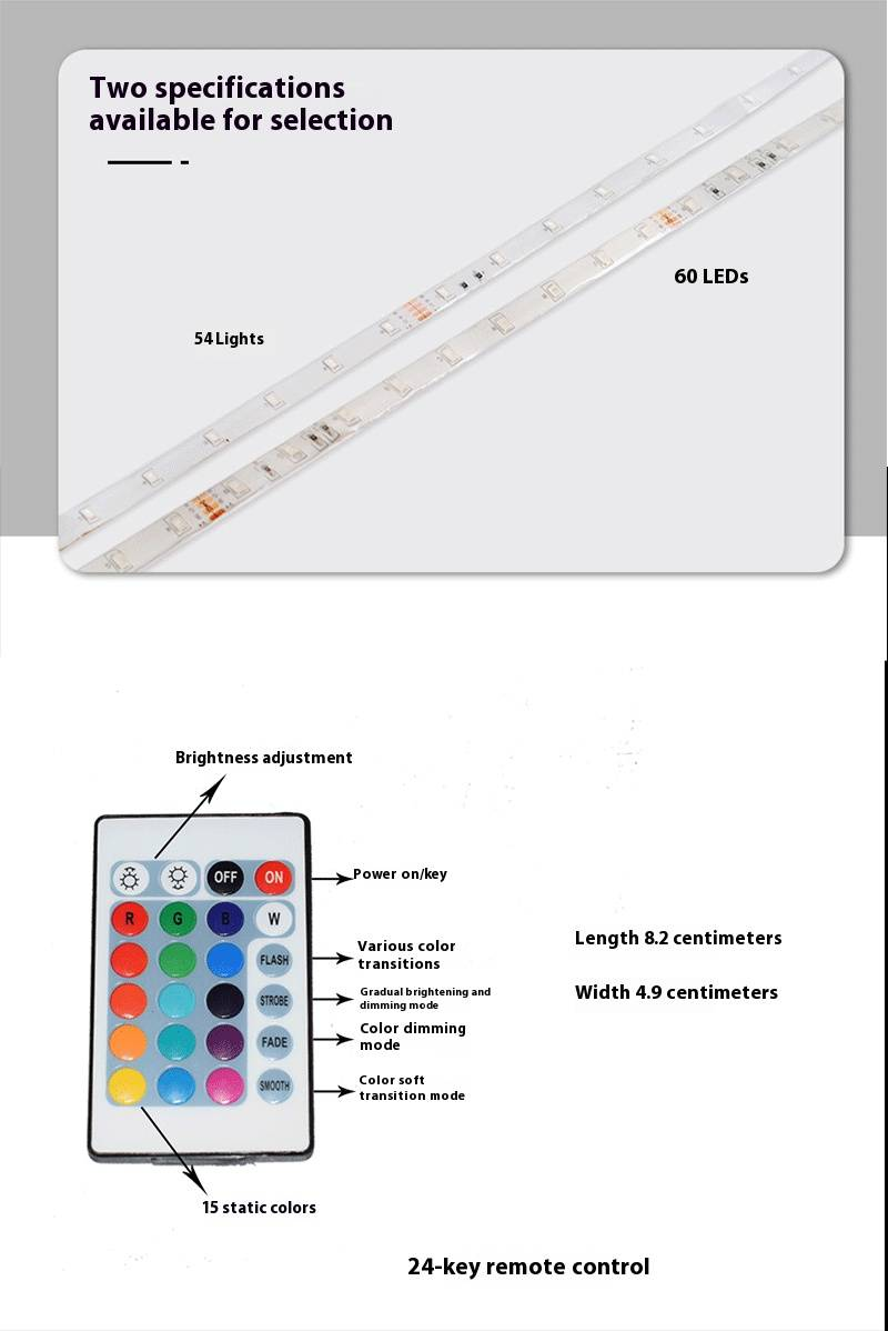 Tira de luces LED RGB con control remoto de 24 teclas y batería - Tiras de luces de 5 V 2835/5050 que cambian de color para retroiluminación de TV, ambientación y decoración de interiores_voghion.com