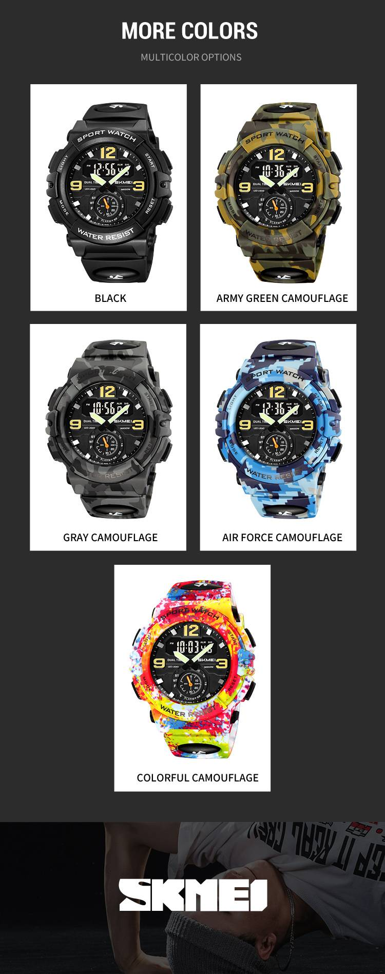 Camouflage-Sportuhr für Herren mit Alarm, Licht, Start/Stopp, Reset, Dualzeit, Modus und wasserdichten Funktionen (137 Buchstaben)_voghion.com