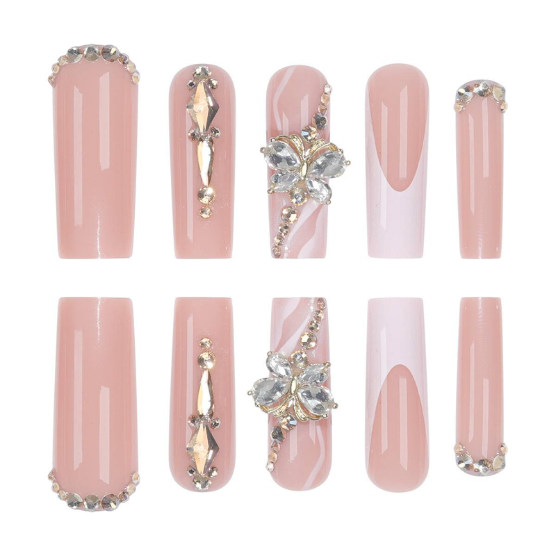 Elegante French Tip Press-On-Nägel mit champagnergoldener Schleife und Glitzer-Strasssteinen – Lange Kunstnägel für Damen, trendiges und glamouröses Maniküre-Set_voghion.com