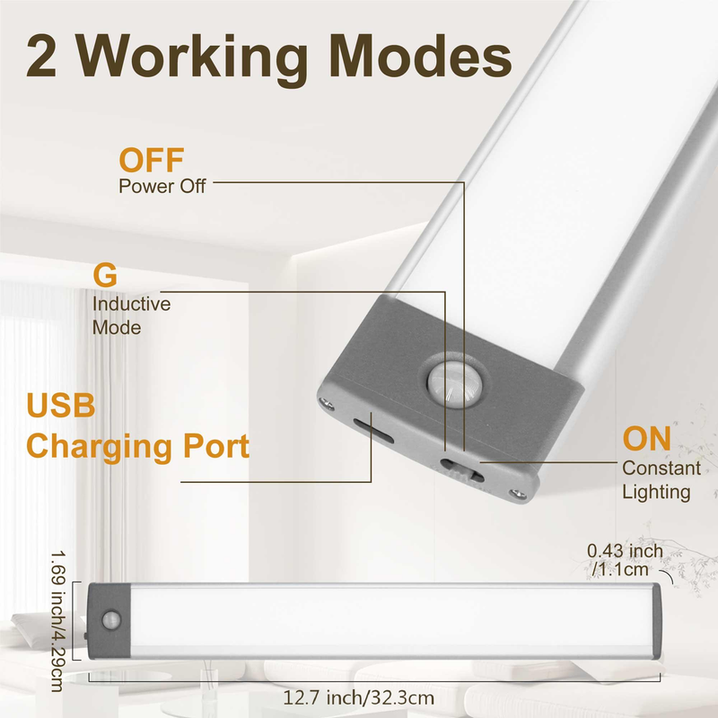 Lampe de placard à détecteur de mouvement 12,7 pouces, 54 LED, rechargeable, sans fil, chaude, sous armoire (lot de 2)_voghion.com