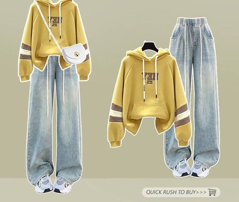 "Damen-Set aus lockerem Oberteil in Farbblockoptik und Jeans mit Retro-Gummibund – stylisches zweiteiliges Outfit mit Kordelzug-Detail"_voghion.com