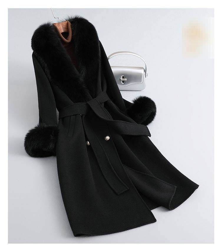 Luxury Double-Faced Cashmere Coat Women's Winter Fox Fur Collar Slim Wool Coat (S/M/L) - Soft & Warm Mid-Length Outerwear_voghion.com