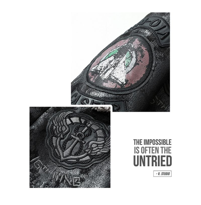 Men's Aviator Style PU Leather Jacket With Embroidered Patches, Fleece-Lined Biker Coat For Winter (Black, Brown, Vintage Brown)_voghion.com