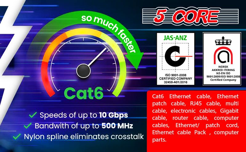 5 CORE Ethernet Cable 3 ft Long Cat 6 Computer Internet Patch Cord High Speed WiFi RJ45 for Gaming Indoor Outdoor Use - ET 3FT BLU_voghion.com