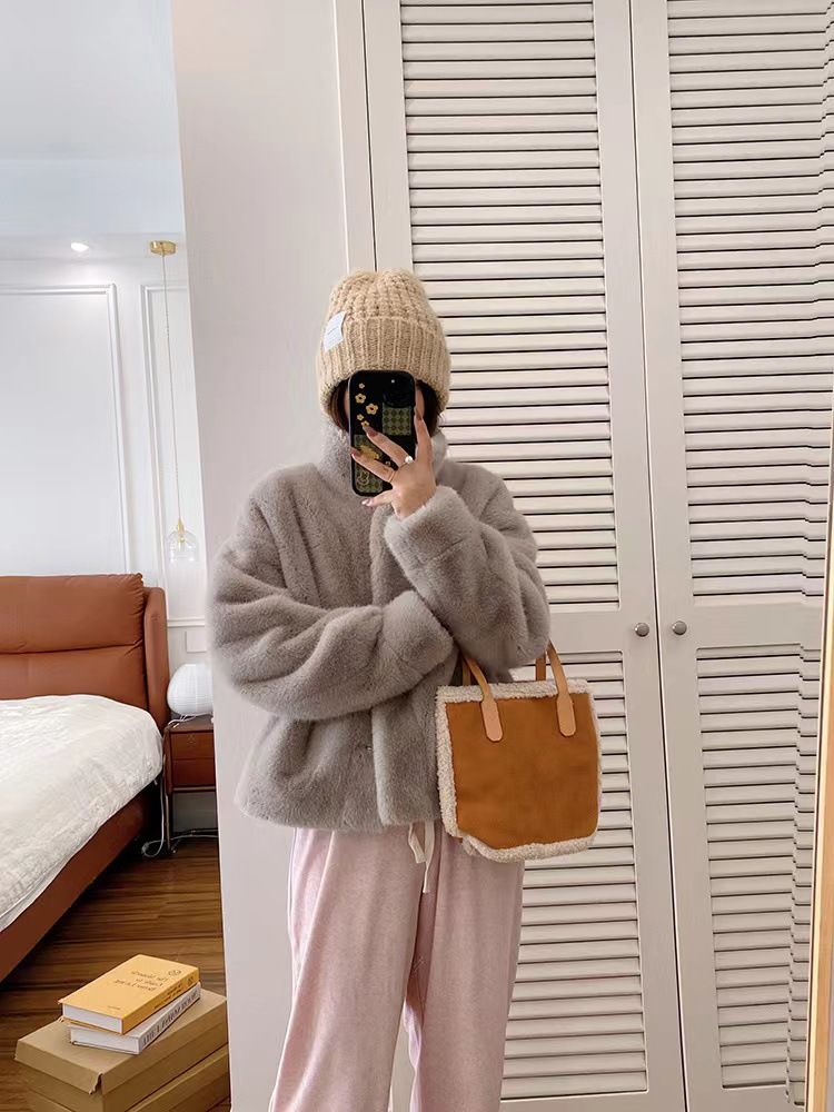 Damenbekleidung Stehkragen Kurzer Nerzsamt Damen Kunstsamt Nerzpelzmantel Kurzer Stehkragen Winter Umweltfreundliche Kunstpelzjacke_voghion.com