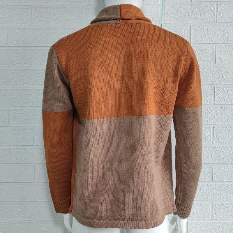 Autumn and Winter Men's Stand up Collar Loose Color blocked Knitted Cardigan Large Fashion Casual Sweater_voghion.com