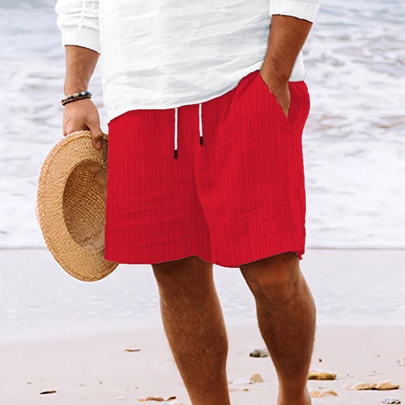 Abbigliamento Uomo Nuovi Pantaloncini in Cotone e Lino con Tasche Multiple e Coulisse Pantaloni da Spiaggia a Righe da Uomo_voghion.com