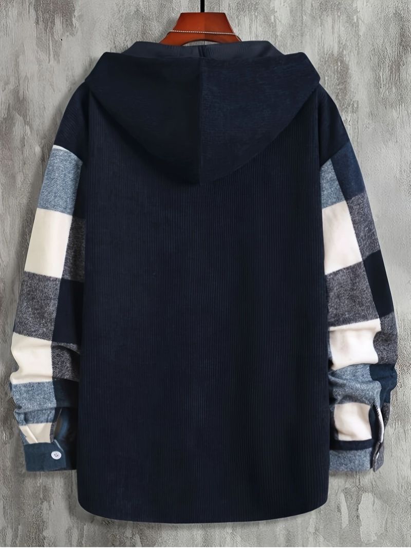 Men's Long Sleeve Casual Shirt With Hood & Pocket, Plaid Pattern, Thickened Cotton Blend, Relaxed Fit For Winter & Spring_voghion.com