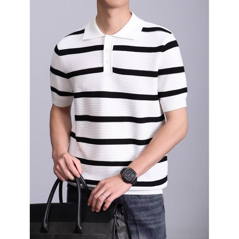 Maglietta a maniche corte in maglia a righe da uomo, casual da lavoro, in seta ghiacciata con risvolto, a mezza manica_voghion.com