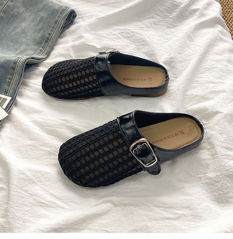 Baotou Half Women's Summer 2025 Nowe płaskie modne siateczkowe buty z wycięciami na jeden krok, odzież wierzchnia, fajne kapcie_voghion.com