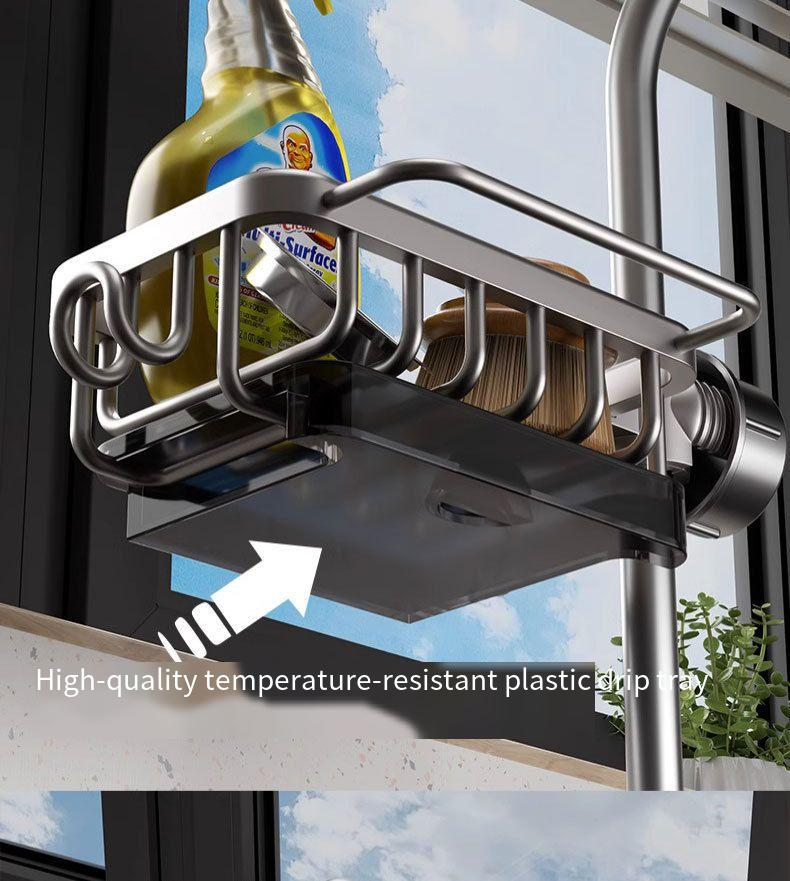 Labelable Kitchen Faucet Storage Rack Space Aluminum No-Drill With Drain Tray Organizer_voghion.com