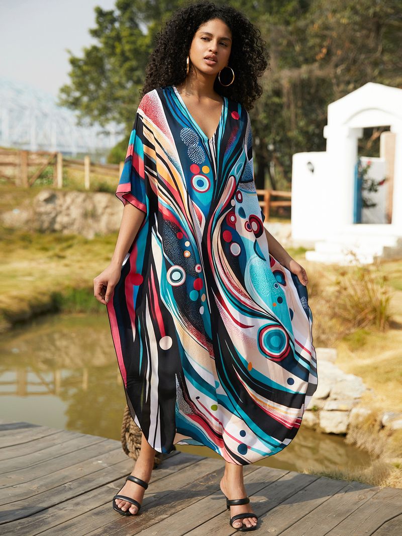 Sukienka maxi z nadrukiem w stylu boho, damska, narzutka z wiskozy – zwiewna tunika plażowa z etnicznymi wzorami, luźny krój w dużych rozmiarach, narzutka na bikini, strój na wakacje_voghion.com