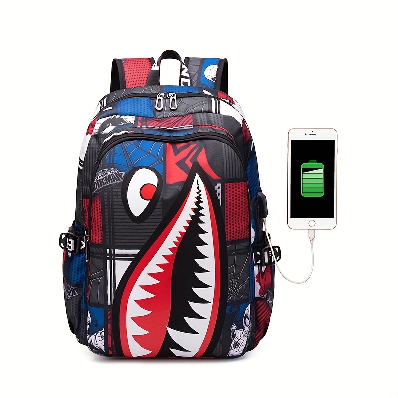 Mochila con patrón de tiburón, bolso escolar de nailon de moda para estudiantes, mochila de viaje ligera con puerto de carga USB_voghion.com